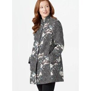 Dennis Basso Womens Size 16 Jacket Coat Woven Brocade Floral Black Snap Front‎